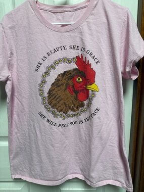 Pink Graphic Tee with Rooster and Daisy Wreath